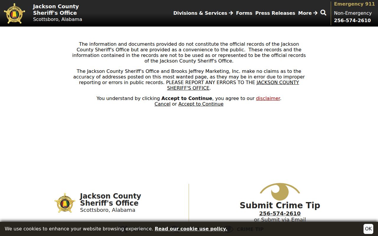 Jackson County Most Wanted List official records disclaimer