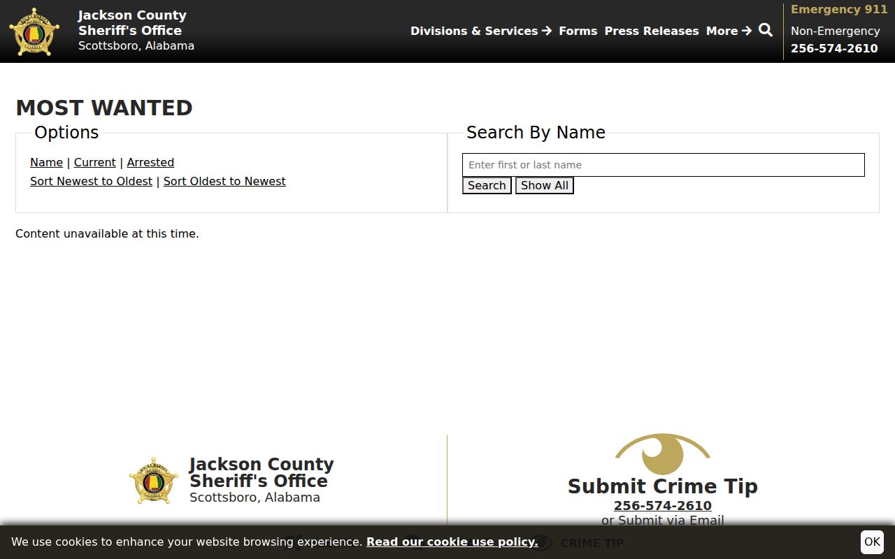 Jackson County Most Wanted List search and status controls